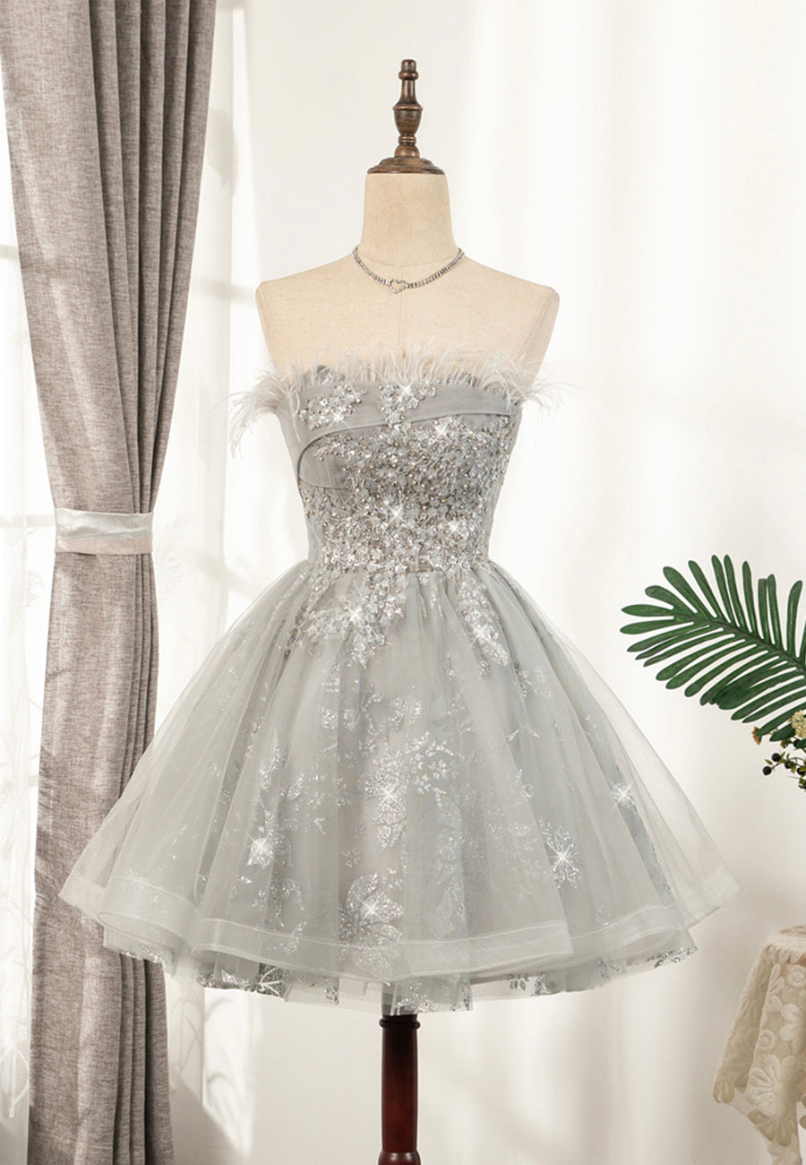 solvbao Gray Strapless Feather Short Prom Dresses, Cute Party Dresses