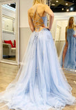 solvbao A-Line Spaghetti Strap Long Prom Dresses, Blue Lace Evening Dresses