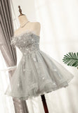 solvbao Gray Strapless Feather Short Prom Dresses, Cute Party Dresses