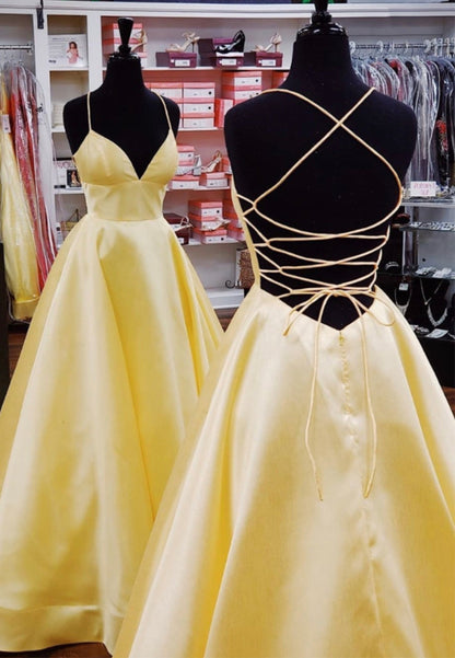 solvbao Yellow Satin Long Prom Dresses, Simple A-Line Evening Dresses