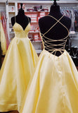 solvbao Yellow Satin Long Prom Dresses, Simple A-Line Evening Dresses