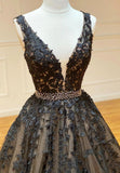 solvbao Black V-Neck Lace Long Prom Dresses, A-Line Evening Dresses