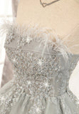 solvbao Gray Strapless Feather Short Prom Dresses, Cute Party Dresses