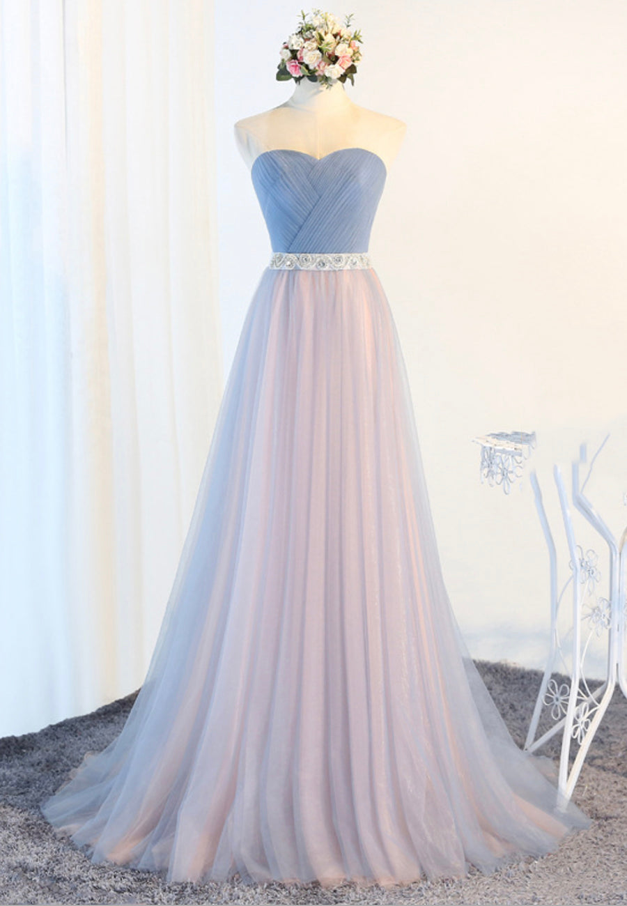 solvbao Blue Tulle Long Prom Dresses, A-Line Strapless Evening Dresses