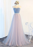 solvbao Blue Tulle Long Prom Dresses, A-Line Strapless Evening Dresses