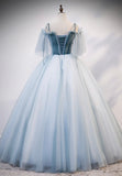 solvbao Lovely Spaghetti Strap Blue Long Prom Dresses, Lace Evening Dresses