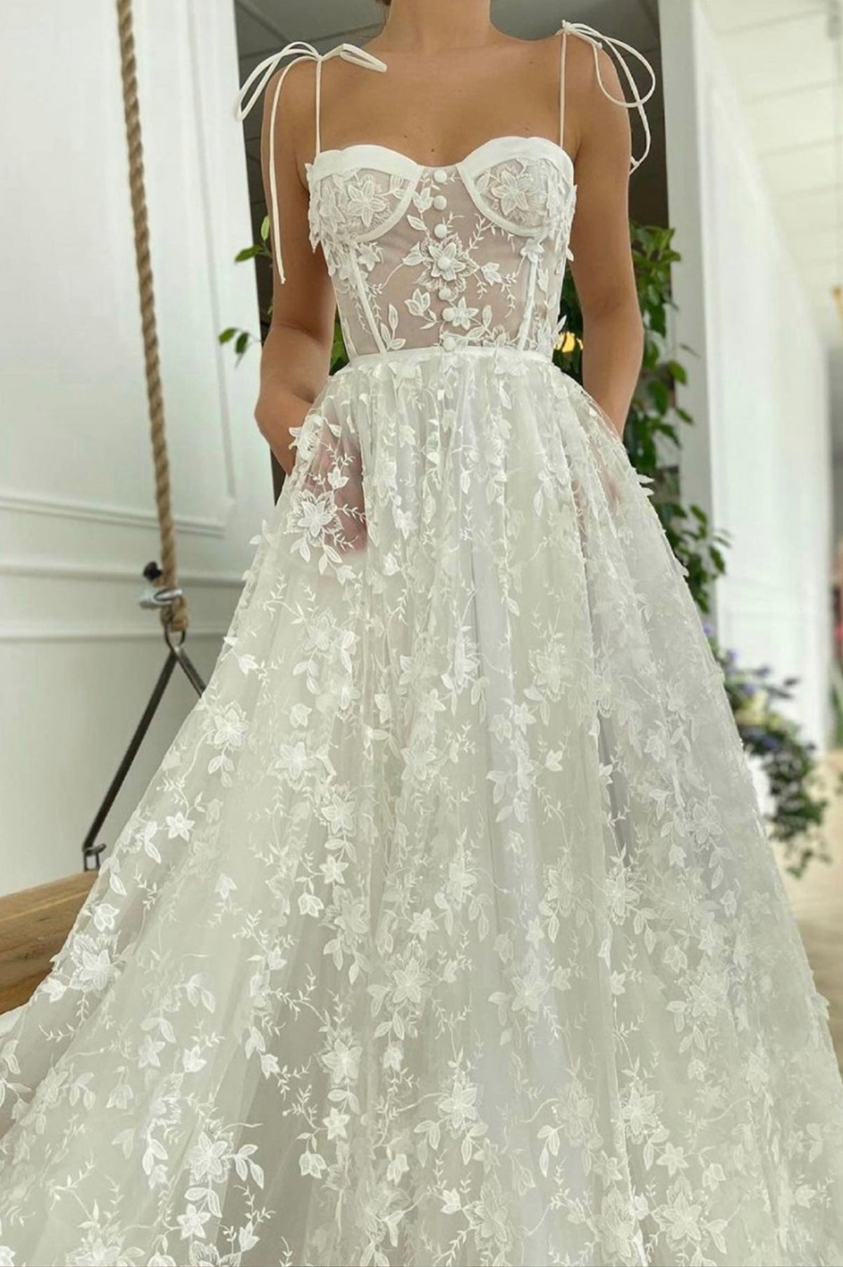 solvbao White Spaghetti Lace Long Prom Dresses, A-Line Evening Dresses with Pockets