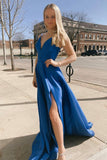 solvbao Blue V-Neck Satin Long Prom Dresses, A-Line Evening Dresses with Slit