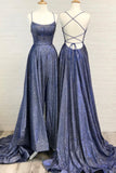 solvbao Blue A-Line Backless Long Prom Dresses, Blue Evening Dresses