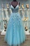 solvbao Blue V-Neck Tulle Long Prom Dresses, A-Line Evening Dresses with Lace