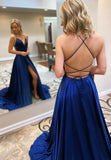 solvbao Blue V-Neck Satin Long Prom Dresses, A-Line Backless Prom Dresses