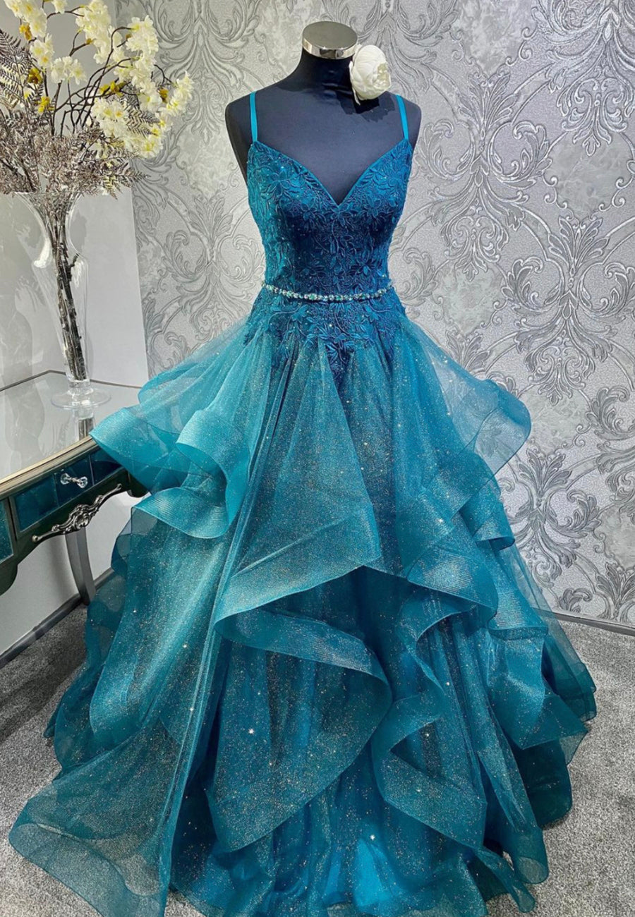 solvbao Blue Tulle Lace Long Prom Dresses, A-Line Spaghetti Straps Evening Dresses