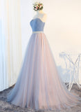 solvbao Blue Tulle Long Prom Dresses, A-Line Strapless Evening Dresses