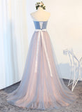 solvbao Blue Tulle Long Prom Dresses, A-Line Strapless Evening Dresses