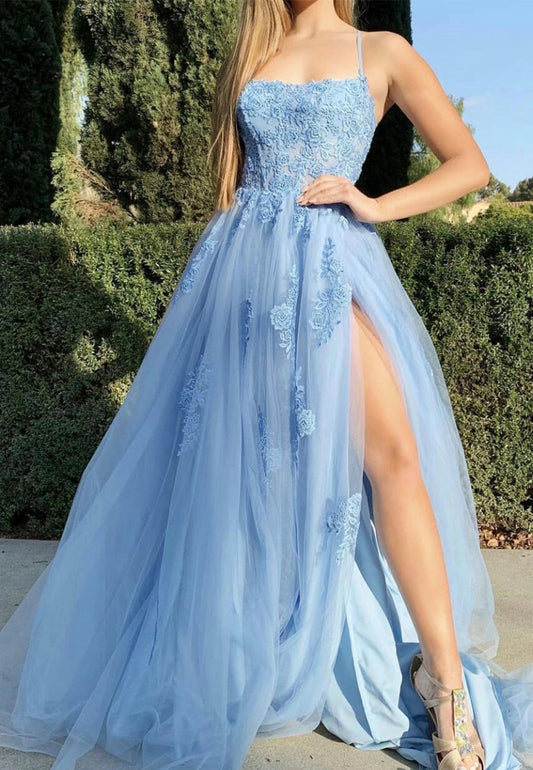 solvbao Blue Spaghetti Lace Long Prom Dresses, A-Line Evening Dresses