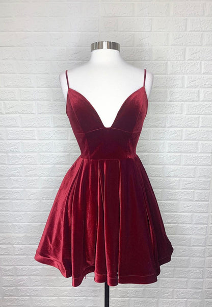 solvbao Burgundy V-Neck Velvet Short Prom Dresses, A-Line Party Dresses