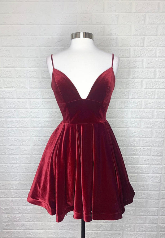 solvbao Burgundy V-Neck Velvet Short Prom Dresses, A-Line Party Dresses