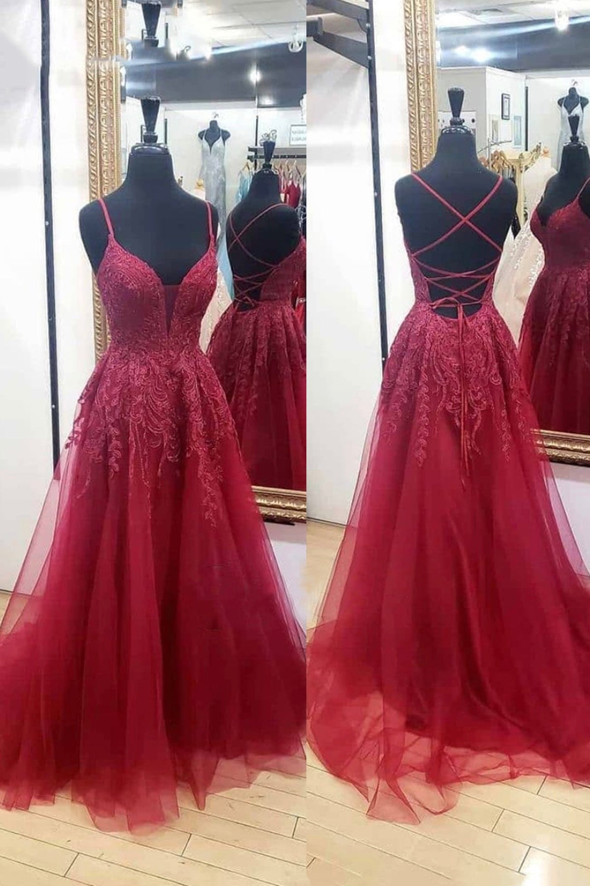 solvbao Burgundy Lace Long Prom Dresses, A-Line Backless Evening Dresses