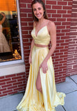 solvbao Yellow Satin Long Prom Dresses, A-Line Two Pieces Evening Dresses