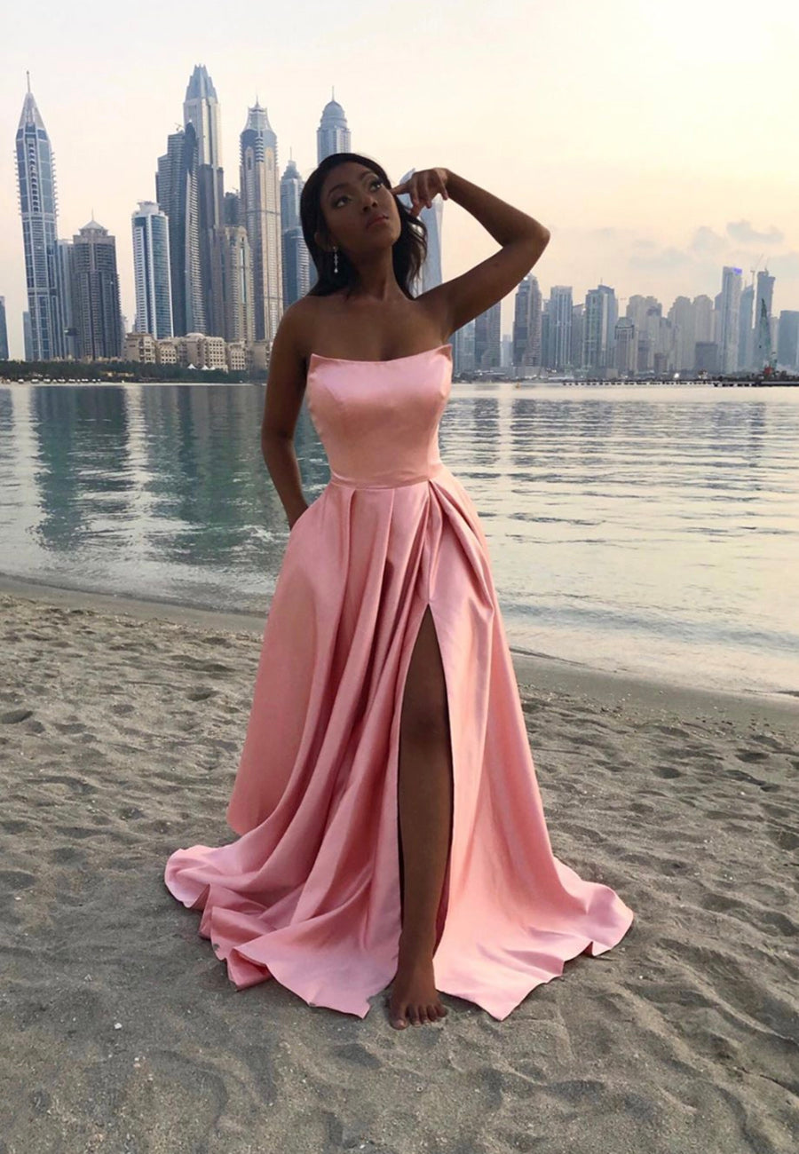 solvbao Pink Satin Long Prom Dresses, A-Line Evening Dress with Slit