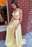 solvbao Yellow Satin Long Prom Dresses, A-Line Two Pieces Evening Dresses