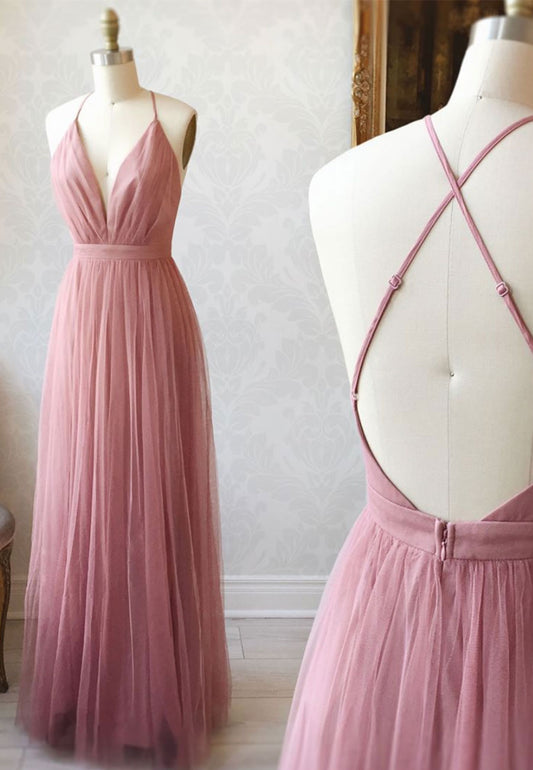 solvbao Simple Tulle Long Prom Dress, A Line Backless Evening Dress