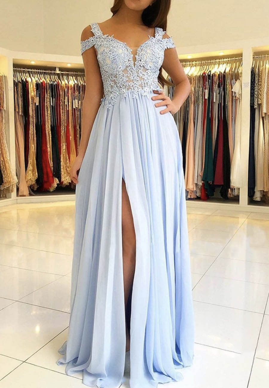 solvbao Blue Chiffon Lace Long Prom Dresses, A-Line Evening Dresses