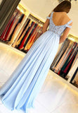 solvbao Blue Chiffon Lace Long Prom Dresses, A-Line Evening Dresses