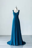 solvbao Blue Chiffon Long A-Line Prom Dress, A-Line Evening Dress Party Dress