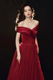 solvbao Burgundy Tulle Floor Length Prom Dress, Off the Shoulder Party Dress