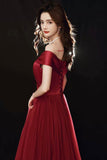 solvbao Burgundy Tulle Floor Length Prom Dress, Off the Shoulder Party Dress