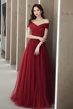 solvbao Burgundy Tulle Floor Length Prom Dress, Off the Shoulder Party Dress