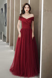 solvbao Burgundy Tulle Floor Length Prom Dress, Off the Shoulder Party Dress