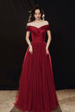 solvbao Burgundy Tulle Floor Length Prom Dress, Off the Shoulder Party Dress