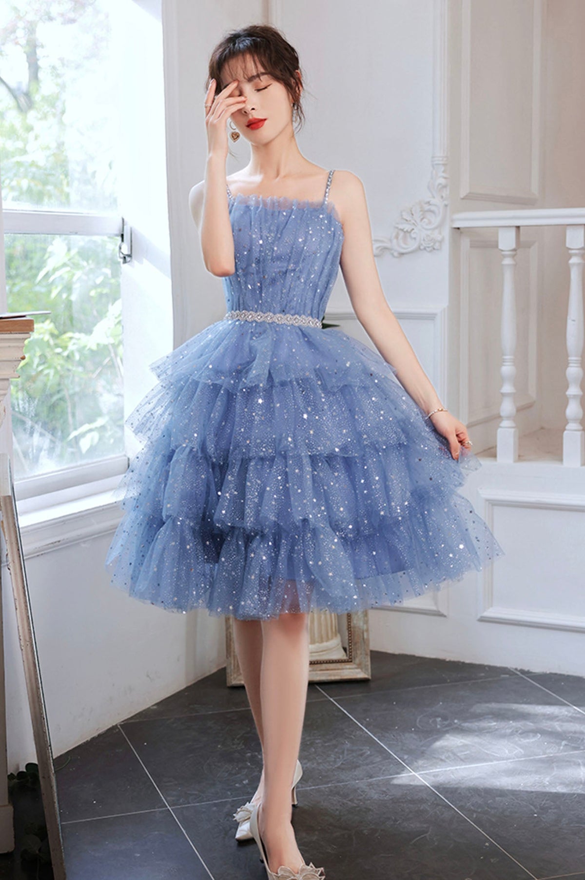 solvbao Blue Tulle Short Prom Dresses, A-Line Homecoming Party Dresses