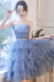 solvbao Blue Tulle Short Prom Dresses, A-Line Homecoming Party Dresses