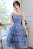 solvbao Blue Tulle Short Prom Dresses, A-Line Homecoming Party Dresses