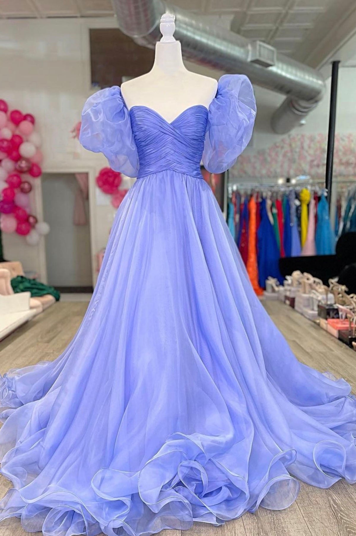 solvbao A-Line Organza Long Prom Dress, Lovely Puff Sleeve Evening Dress