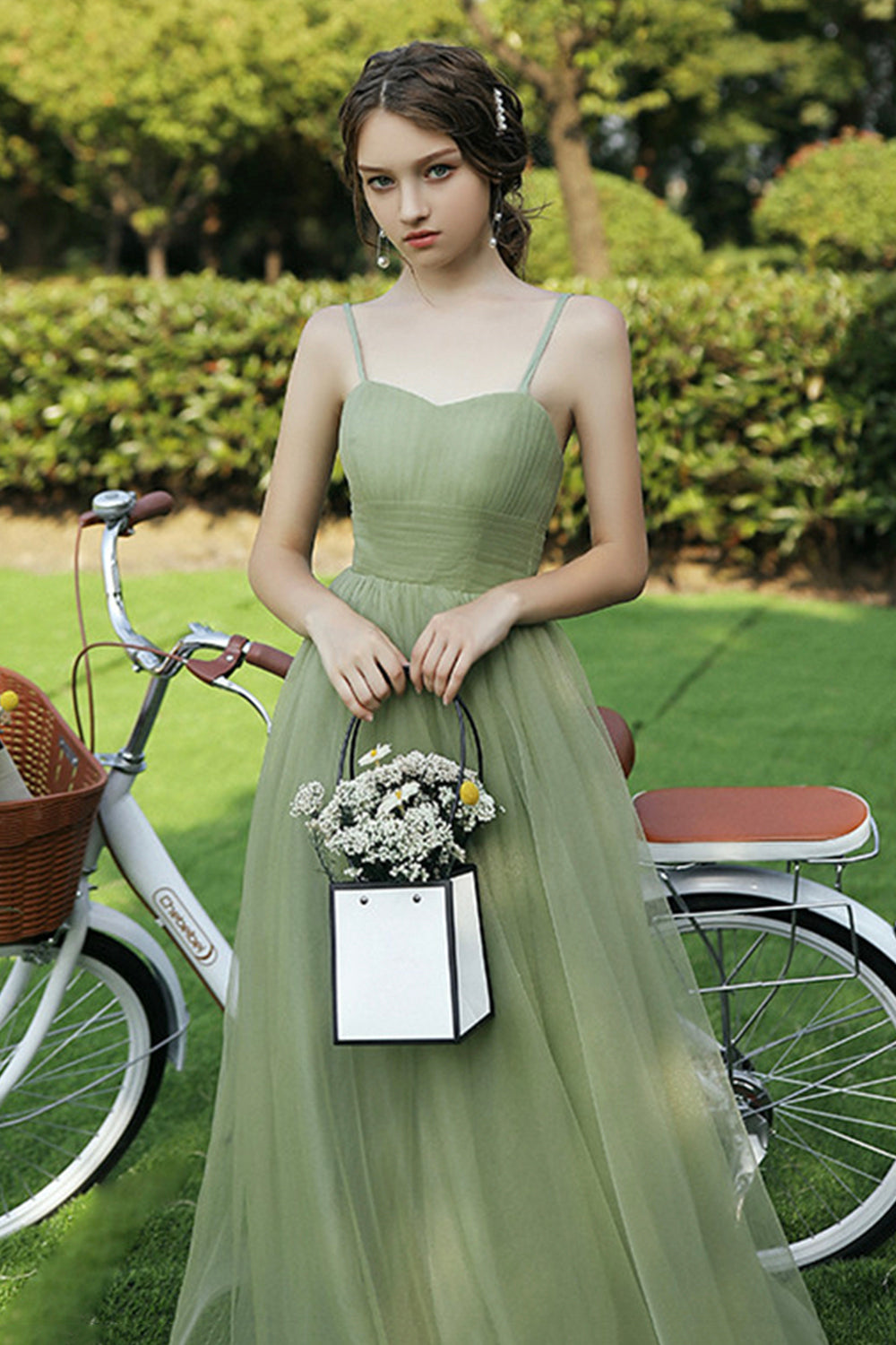 solvbao Green Spaghetti Strap Tulle Long Prom Dress, A-Line Evening Party Dress