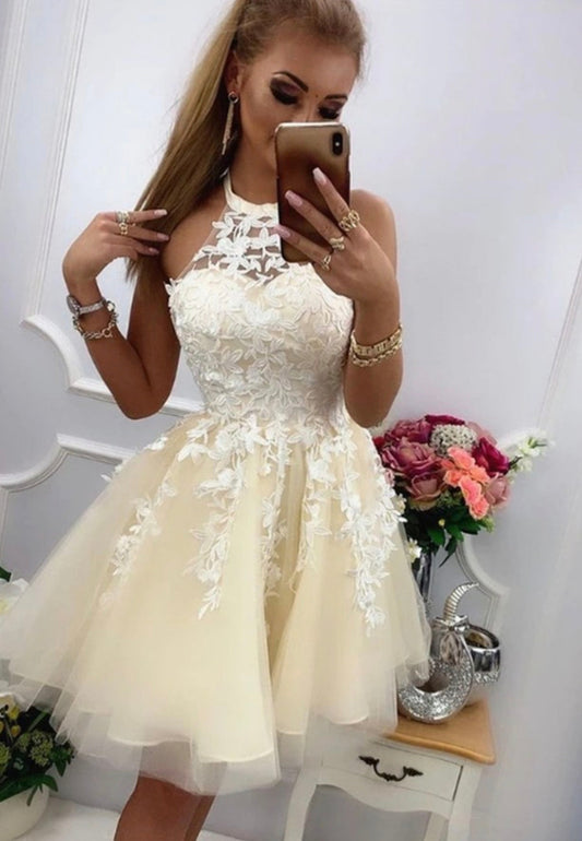 solvbao Champagne Lace Short Prom Dresses, A-Line Homecoming Dresses