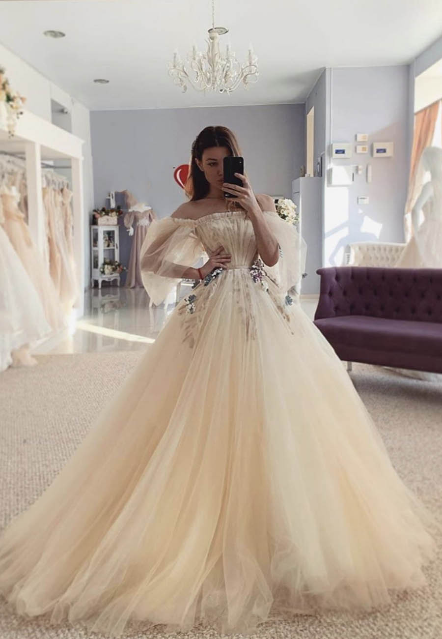 solvbao Champagne Tulle Long Prom Dresses, A-Line Evening Dresses