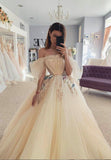 solvbao Champagne Tulle Long Prom Dresses, A-Line Evening Dresses