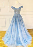 solvbao Blue Lace Off the Shoulder Prom Dresses, A-Line Evening Dresses