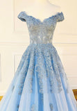 solvbao Blue Lace Off the Shoulder Prom Dresses, A-Line Evening Dresses