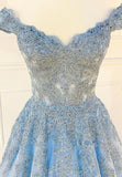 solvbao Blue Lace Off the Shoulder Prom Dresses, A-Line Evening Dresses