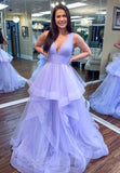 solvbao Purple V-Neck Tulle Long Prom Dresses, Purple A-Line Evening Dresses