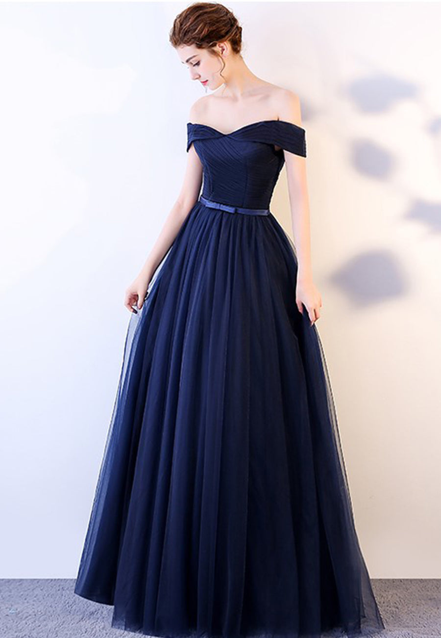 solvbao Blue Tulle Long Prom Dresses, A-Line Evening Dresses