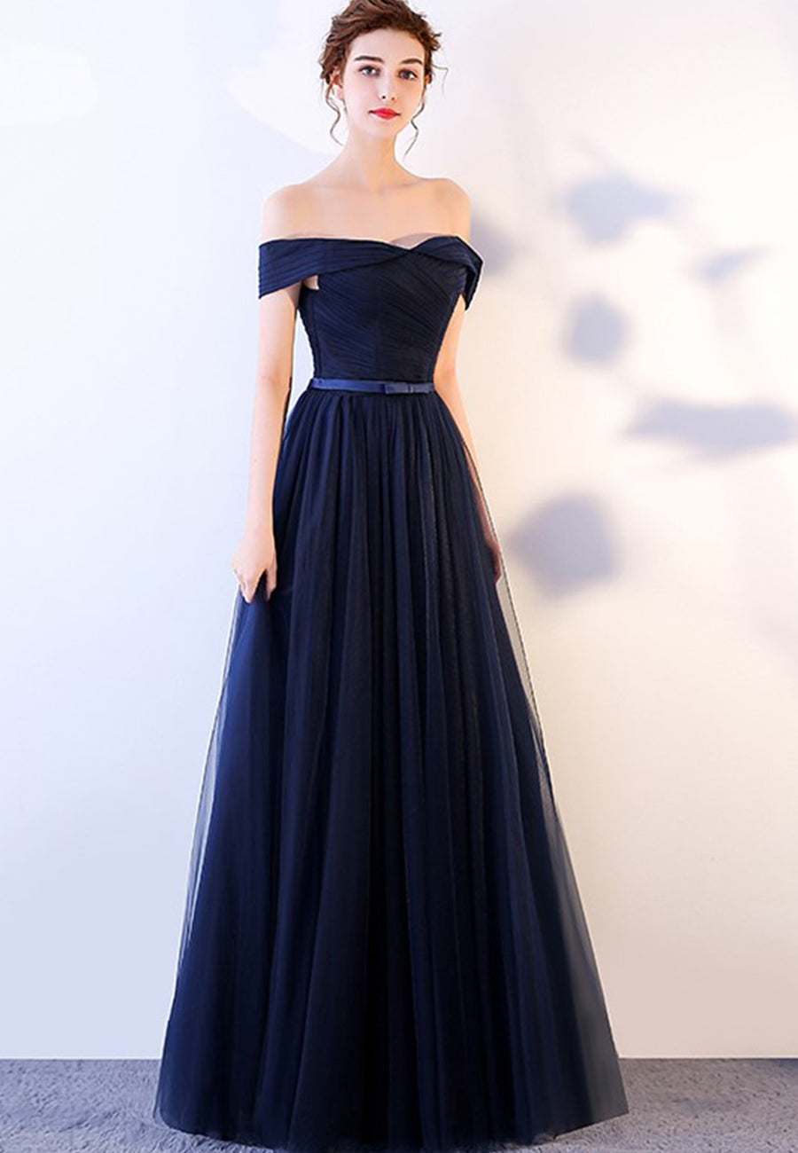 solvbao Blue Tulle Long Prom Dresses, A-Line Evening Dresses