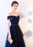 solvbao Blue Tulle Long Prom Dresses, A-Line Evening Dresses