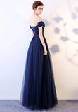 solvbao Blue Tulle Long Prom Dresses, A-Line Evening Dresses